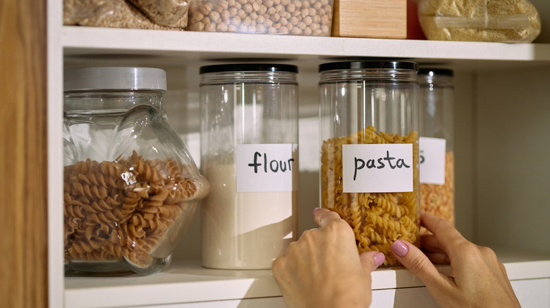 Labeled containers are stored on a cabinet shelf.