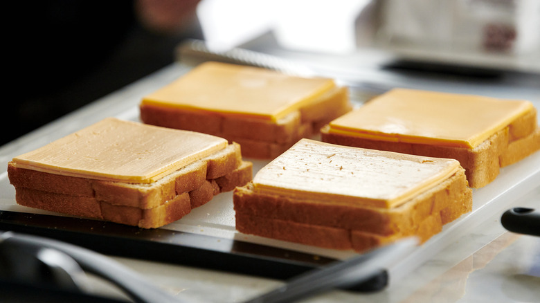 Prepping multiple grilled cheese sandwiches at a time