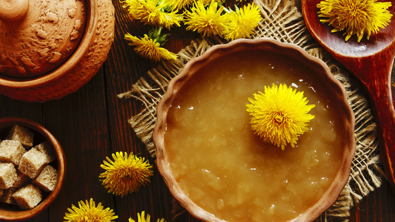 bowl of dandelion jelly surrounded by flowers