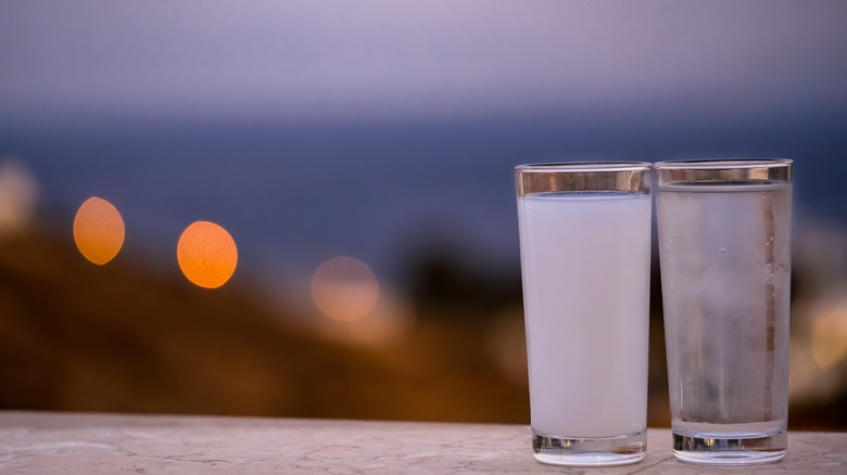 Two glasses of liquor, one cloudy, one clear