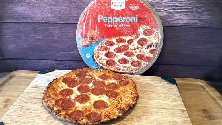 Market Pantry's baked pizza on cutting board