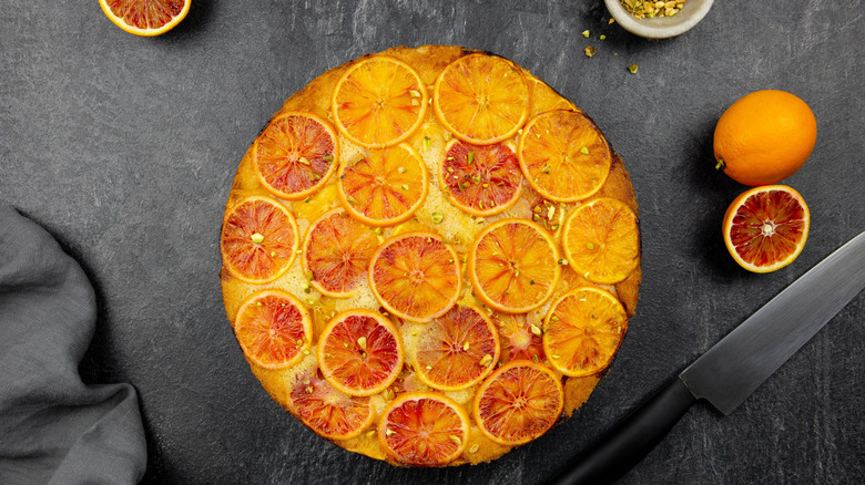 overhead view of upside-down cake with blood orange fruit slices