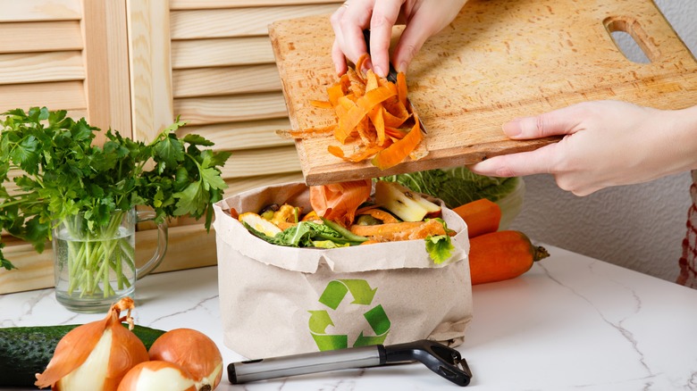 Scraping kitchen scraps from a board to a bag
