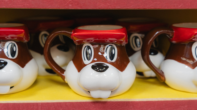 Coffee mugs shaped like the head of Buc-ee's beaver mascot