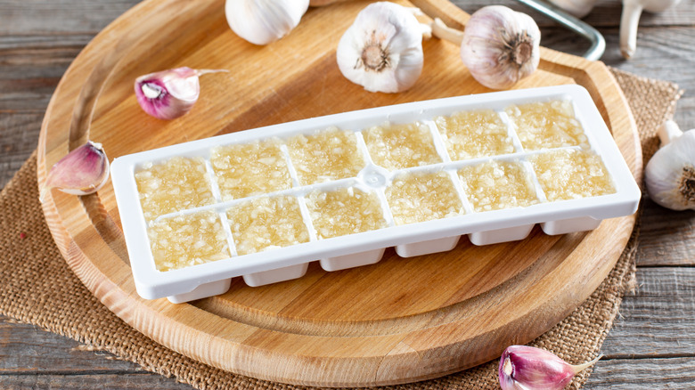 Minced garlic frozen in ice cube tray