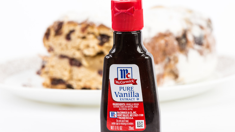 Bottle of McCormick pure vanilla extract and baked good