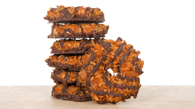 Girl Scout Samoa cookies stacked 