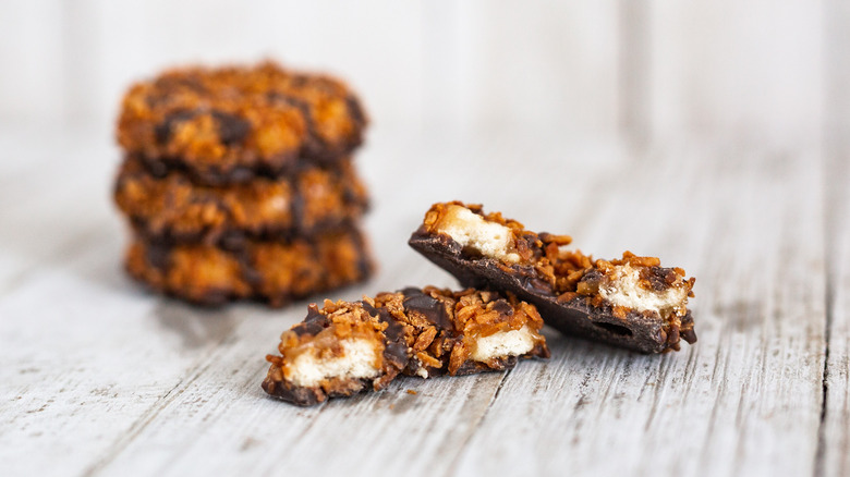 Girl Scout Samoa cookie broken in half 