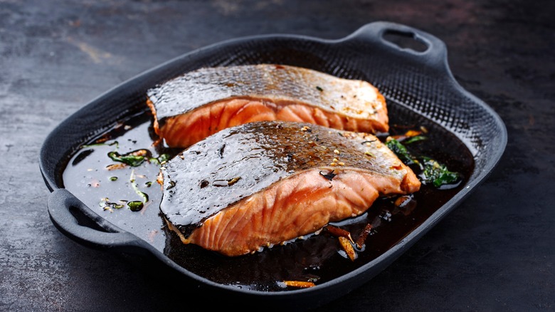 Thick salmon steaks demonstrating the cooked gradient
