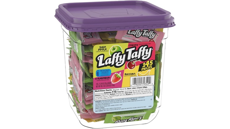 Clear plastic container of mini Laffy Taffy candies