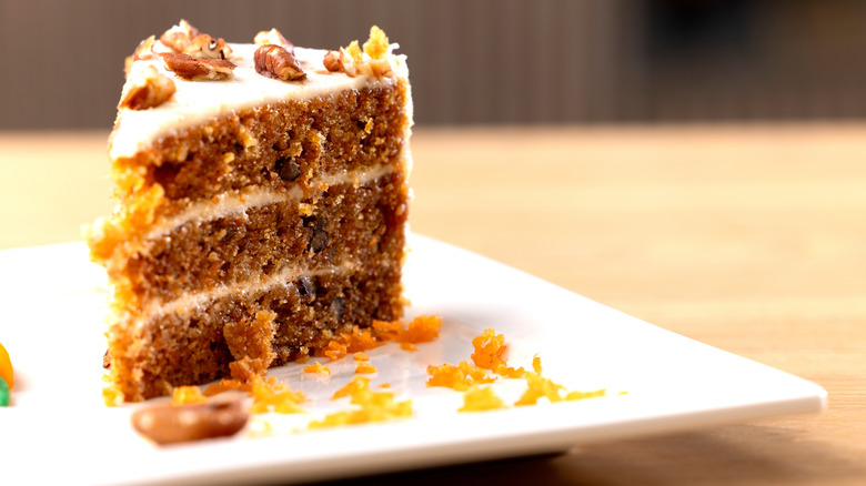 Slice of carrot cake on plate