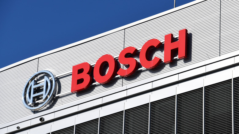 Red Bosch logo on the outside of a gray office building