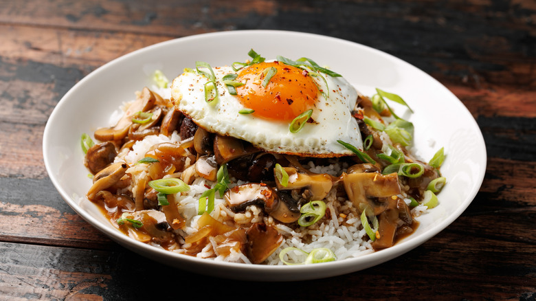 White bowl of Hawaiian dish loco moco.