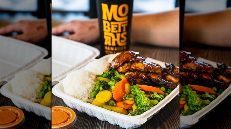 To-go plate of meat, rice, and seamed veggies from Mo' Bettahs Hawaiian Style Food.