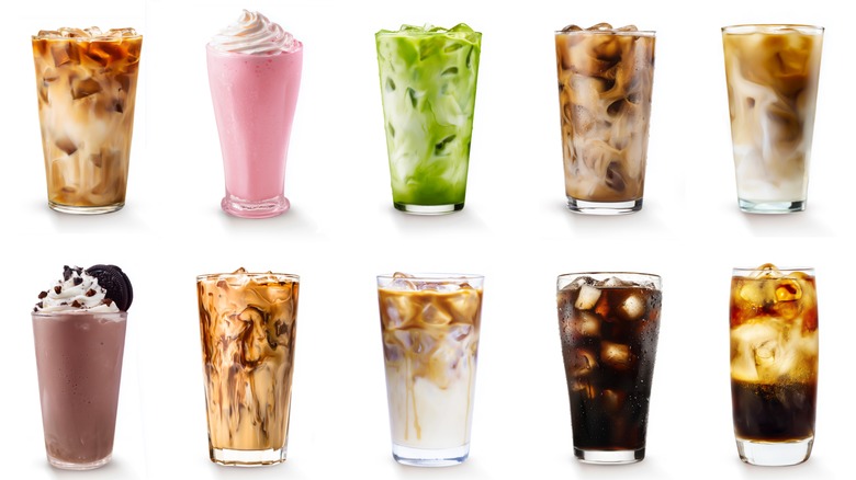 A collection of coffee drinks arranged on a white background