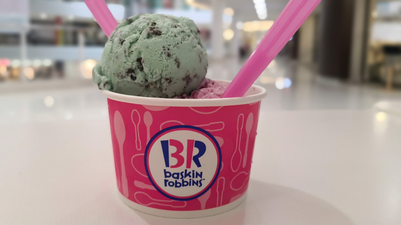 scoops of ice cream in baskin-robbins cup