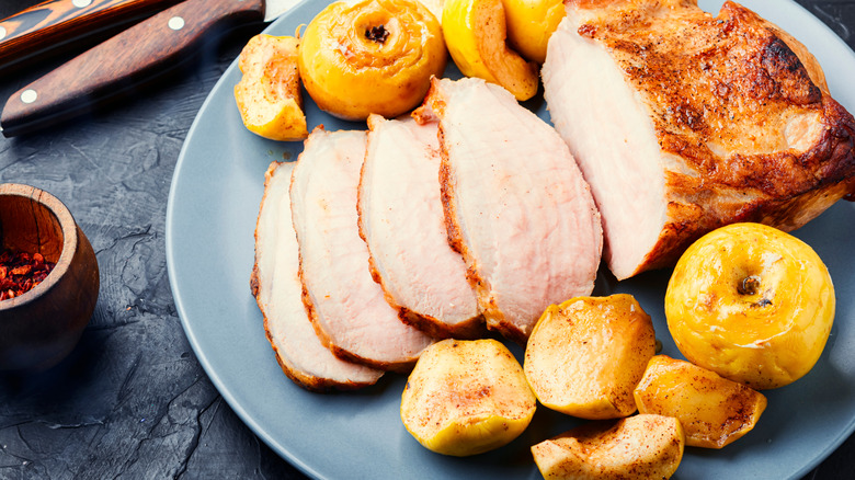 pork and apples on platter