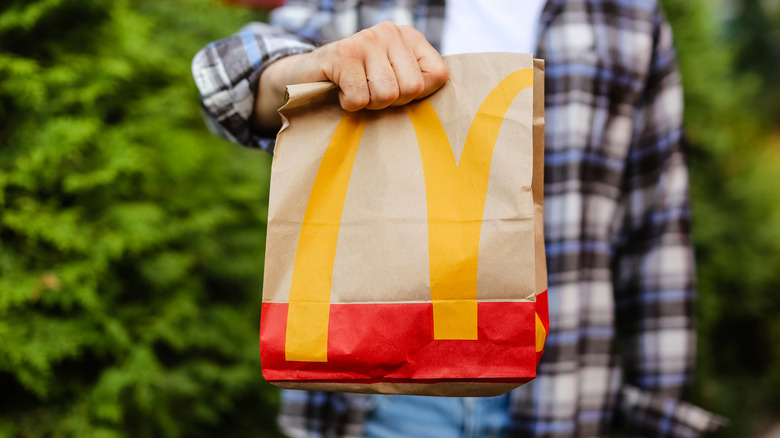 a person holding up a mcdonald's bag