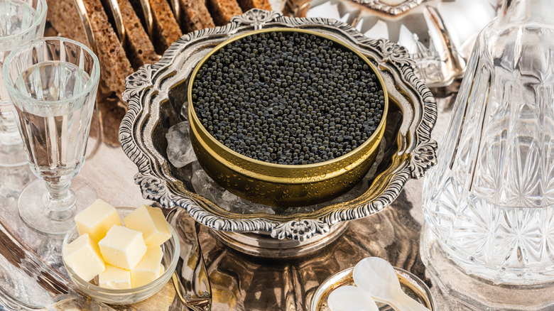caviar in a tin on a silver plate