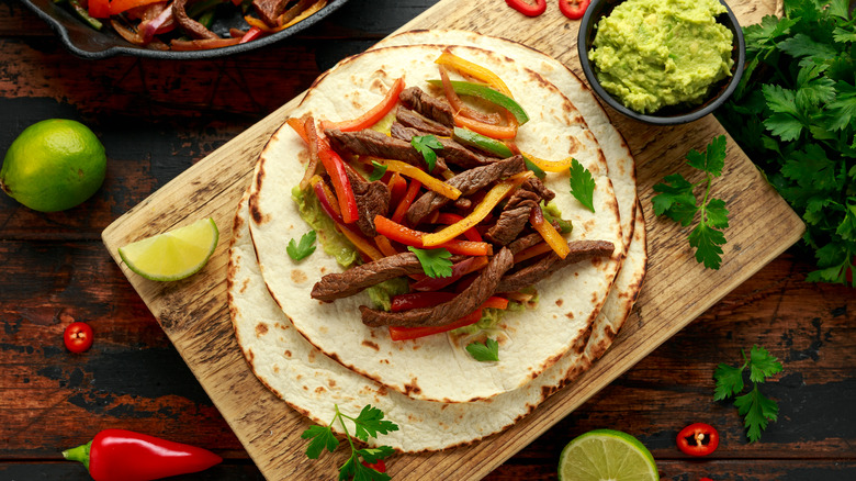 Steak fajitas on flour tortilla