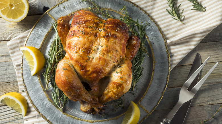 Rotisserie chicken on a platter