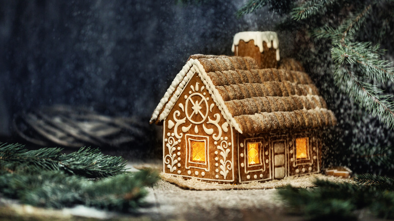 Gingerbread house with fir branches