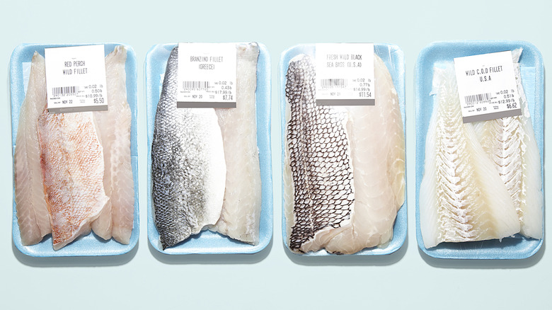 Various types of packaged raw fish