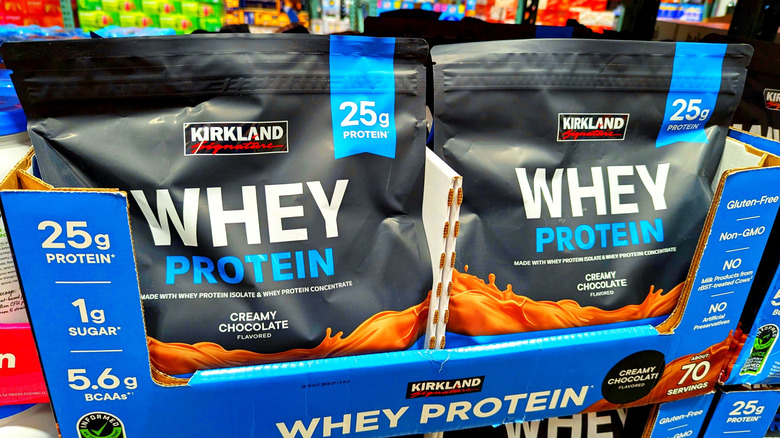 Kirkland whey protein on the shelf