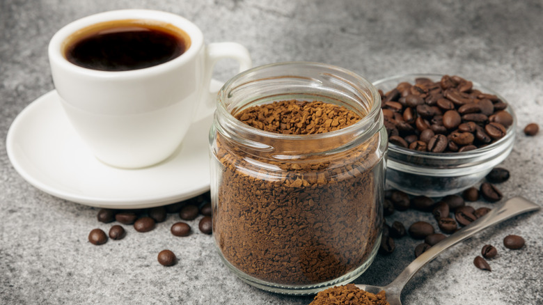 Brewed coffee, instant coffee granules, and coffee beans
