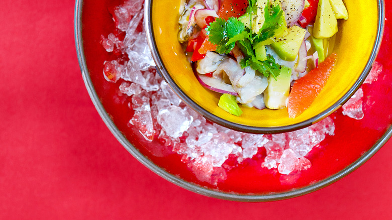 food in bowl of ice with red background