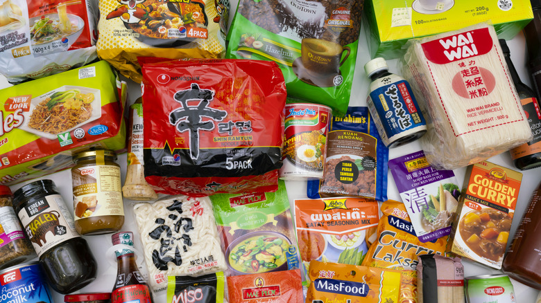 Top down view of various products from Asian grocery