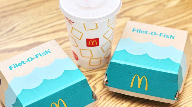 Two McDonald's Filet-O-Fish sandwiches with drink