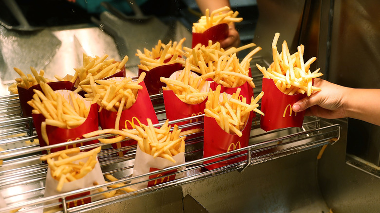 Boxed McDonald's fries on rack