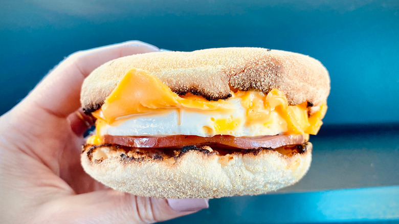 hand holding Egg McMuffin close up