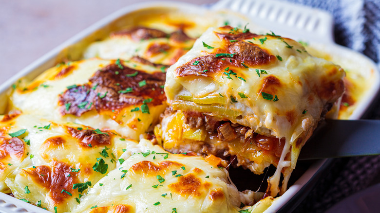 Greek-style moussaka in casserole dish