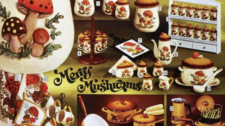 A sear catalog page from 1973 showing the Merry Mushrooms kitchen collection