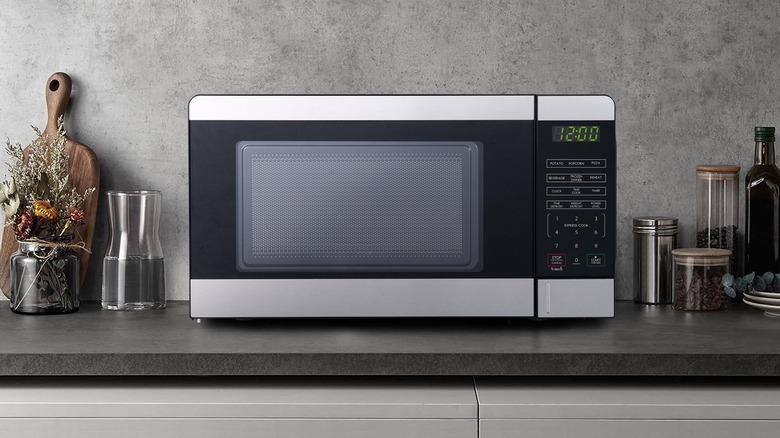 microwave oven sitting on counter