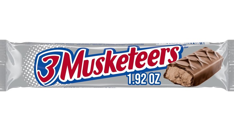 A 3 Musketeers bar isolated on a white background