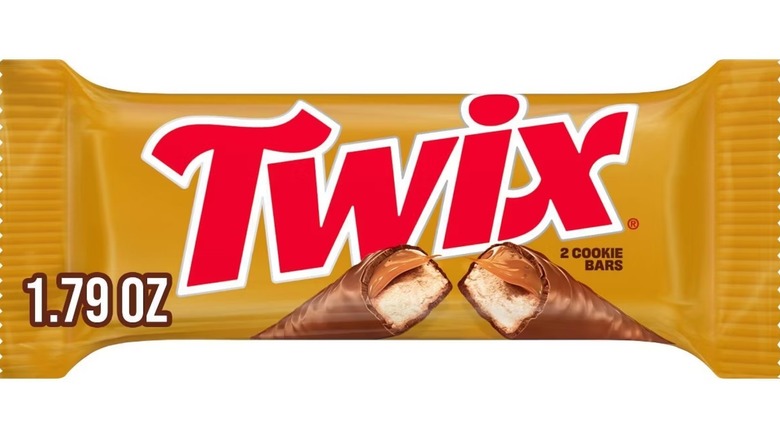 A close-up of a Twix bar isolated on a white background