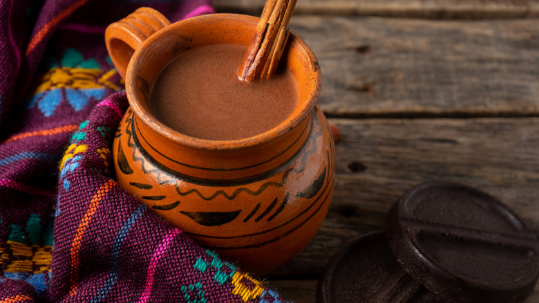 Mexican hot chocolate in a clay mug