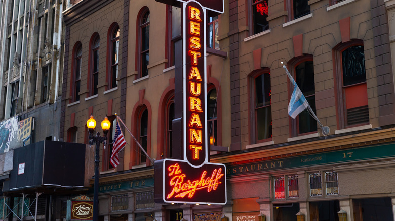 A large neon sign for The Berghoff restaurant in Chicago