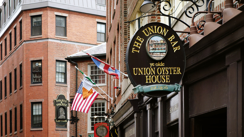 Sign for The Union Bar oyster house outside the building in Boston
