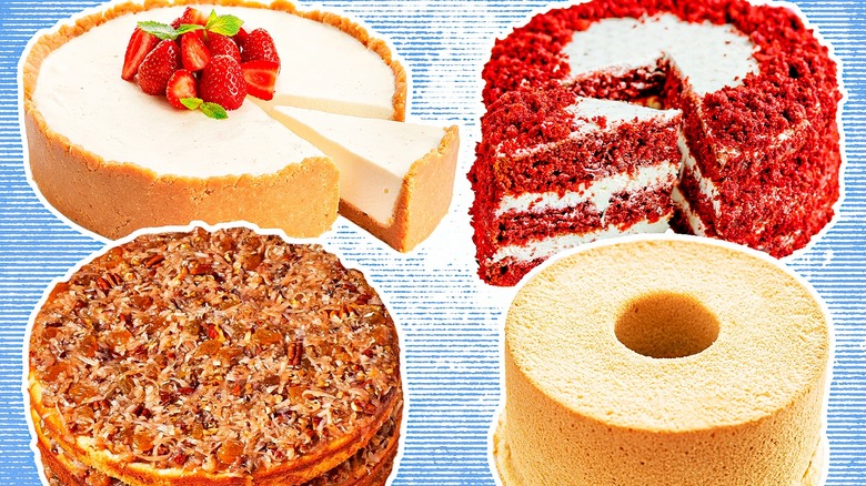 various cakes on striped background