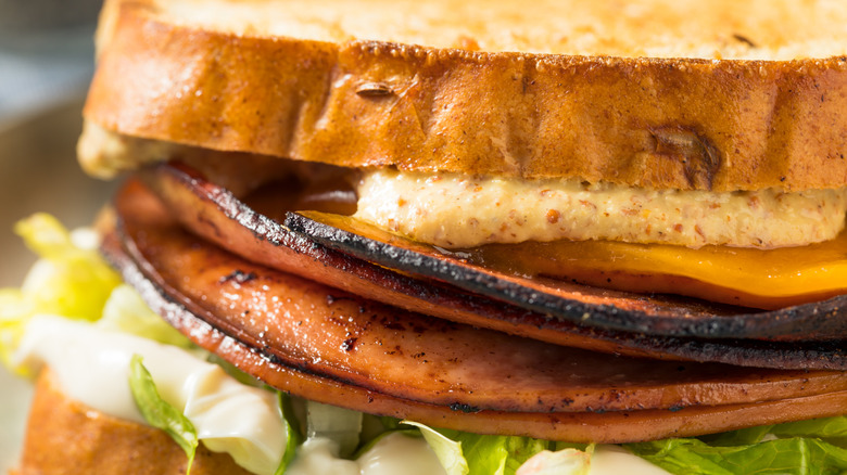 Close up of a fried bologna sandwich