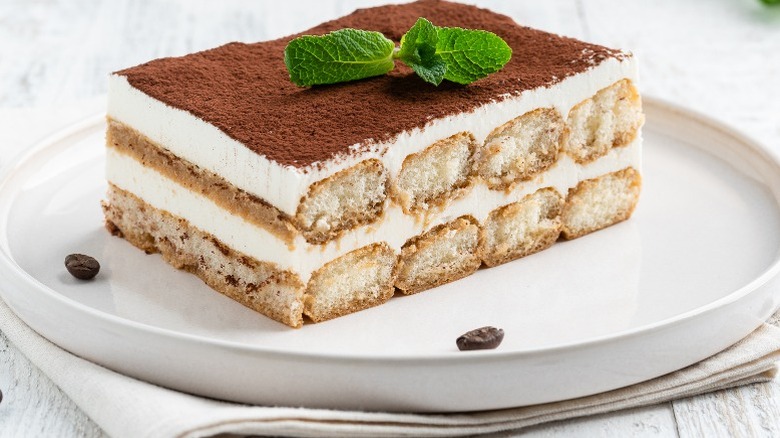 tiramisu on white plate