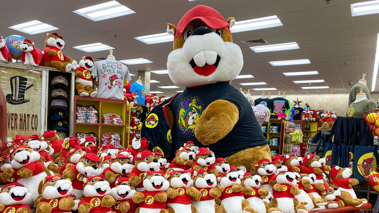 A display of Buc-ee's stuffed animals