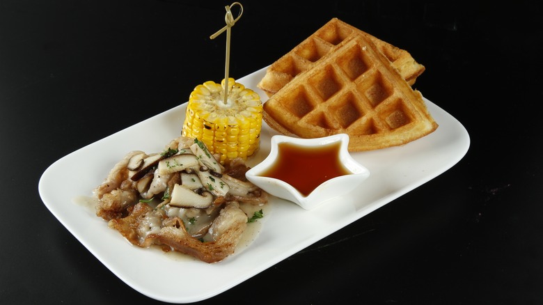 syrup waffle and mushroom breakfast