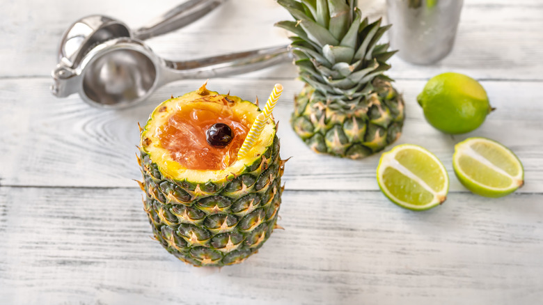 Bahama Mama cocktail in a pineapple