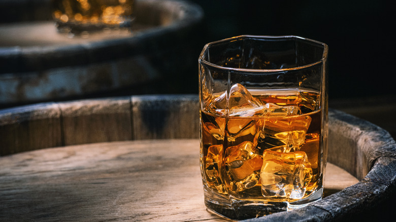 glass of whiskey on the rocks.