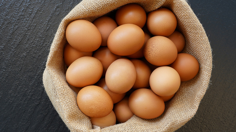 cloth bag holding brown eggs